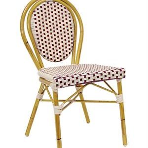 Bamboo-Inspired Metal Chair with Burgundy Check Poly Weave Seat & Back, Outdoor Use
