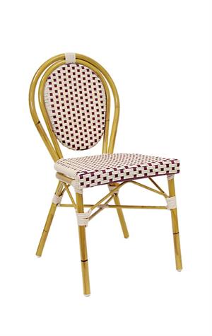 Bamboo-Inspired Metal Chair with Burgundy Check Poly Weave Seat & Back, Outdoor Use