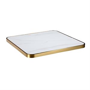 1 1/8" Marble White Sintered Stone Table Top with Light Grey Veining and Gold Stainless Steel Edge, Indoor/Outdoor Use