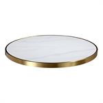 1 1/8" Marble White Sintered Stone Table Top with Light Grey Veining and Gold Stainless Steel Edge, Indoor/Outdoor Use - Image 3