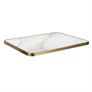 1 1/8" Marble White Sintered Stone Table Top with Gold Stainless Steel Edge, Indoor/Outdoor Use