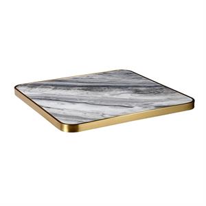 1 1/8"  Soft Grey and Charcoal Veining Sintered Stone Table Top with Gold Stainless Steel Edge, Indoor/Outdoor Use