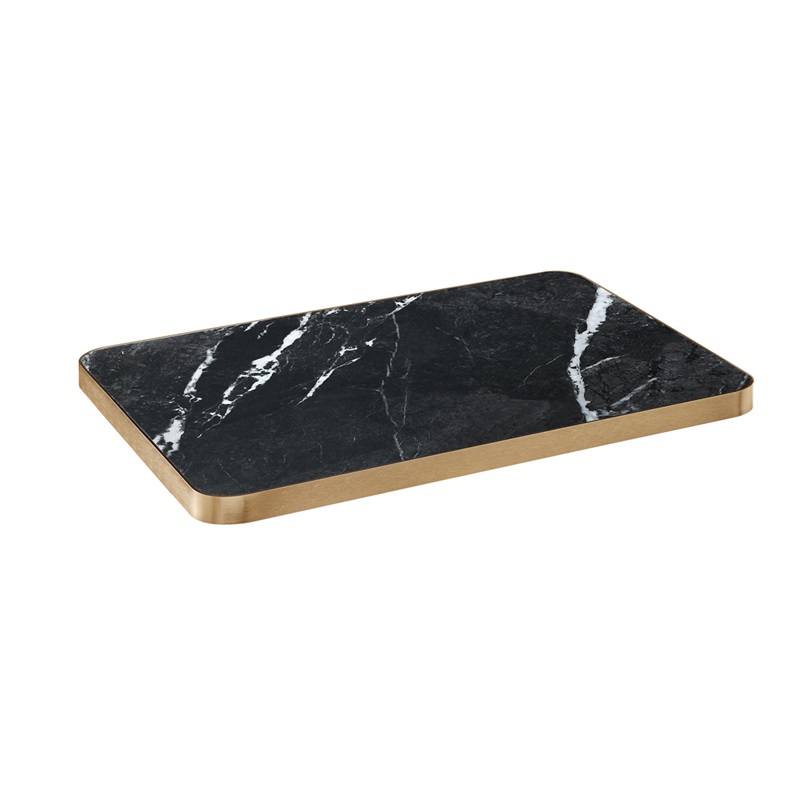 Sintered Stone Table Top in White Streak Veining Black with Gold Aluminum Edge - 30" Round