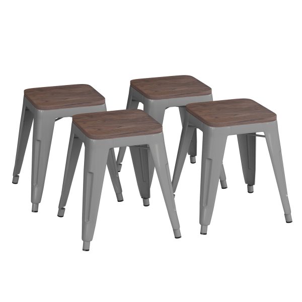 Set of 4 18" Table Height Indoor Stackable Metal Stool with Wood Seat