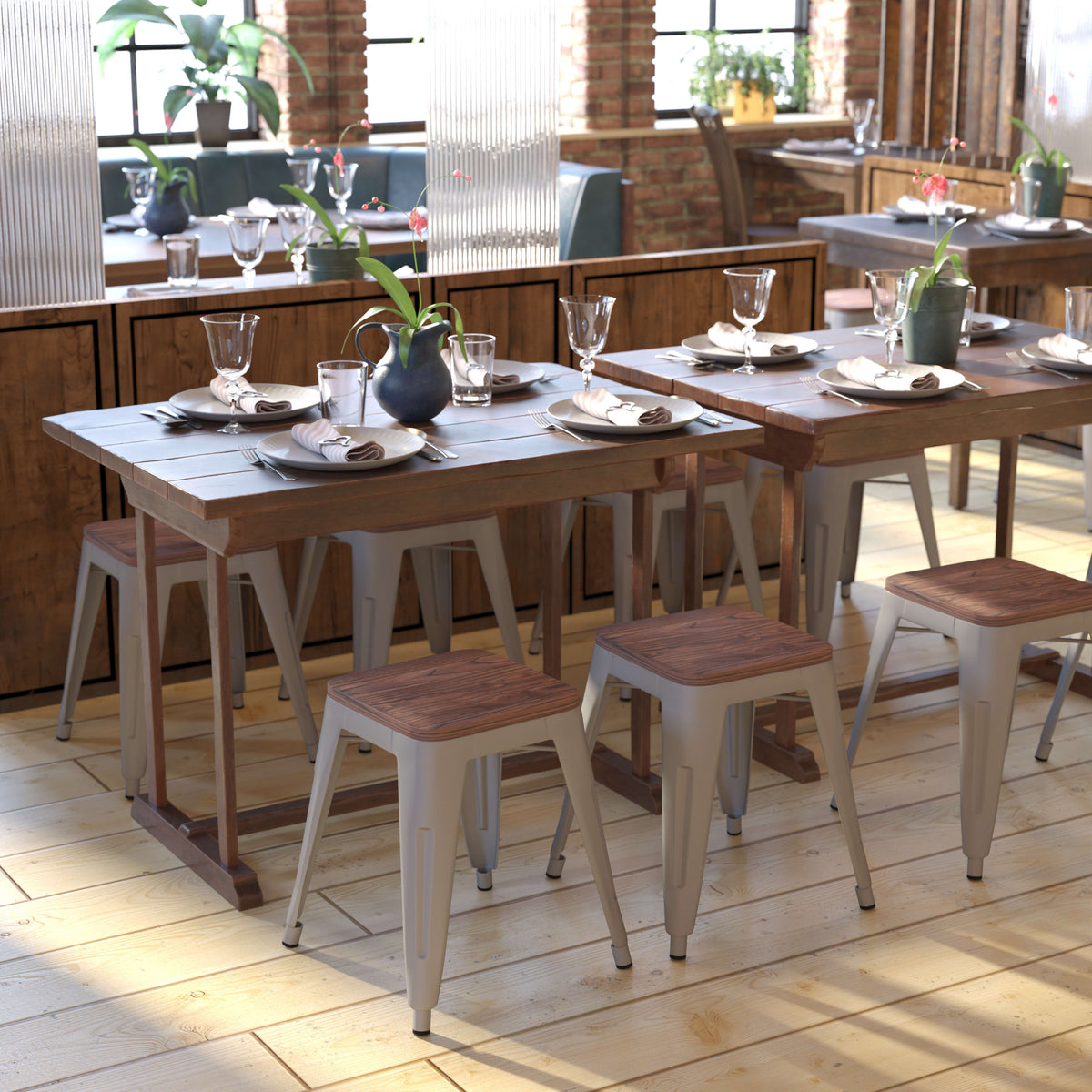 Set of 4 18" Table Height Indoor Stackable Metal Stool with Wood Seat - Image 3