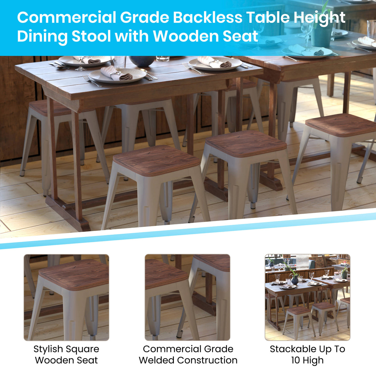 Set of 4 18" Table Height Indoor Stackable Metal Stool with Wood Seat - Image 4