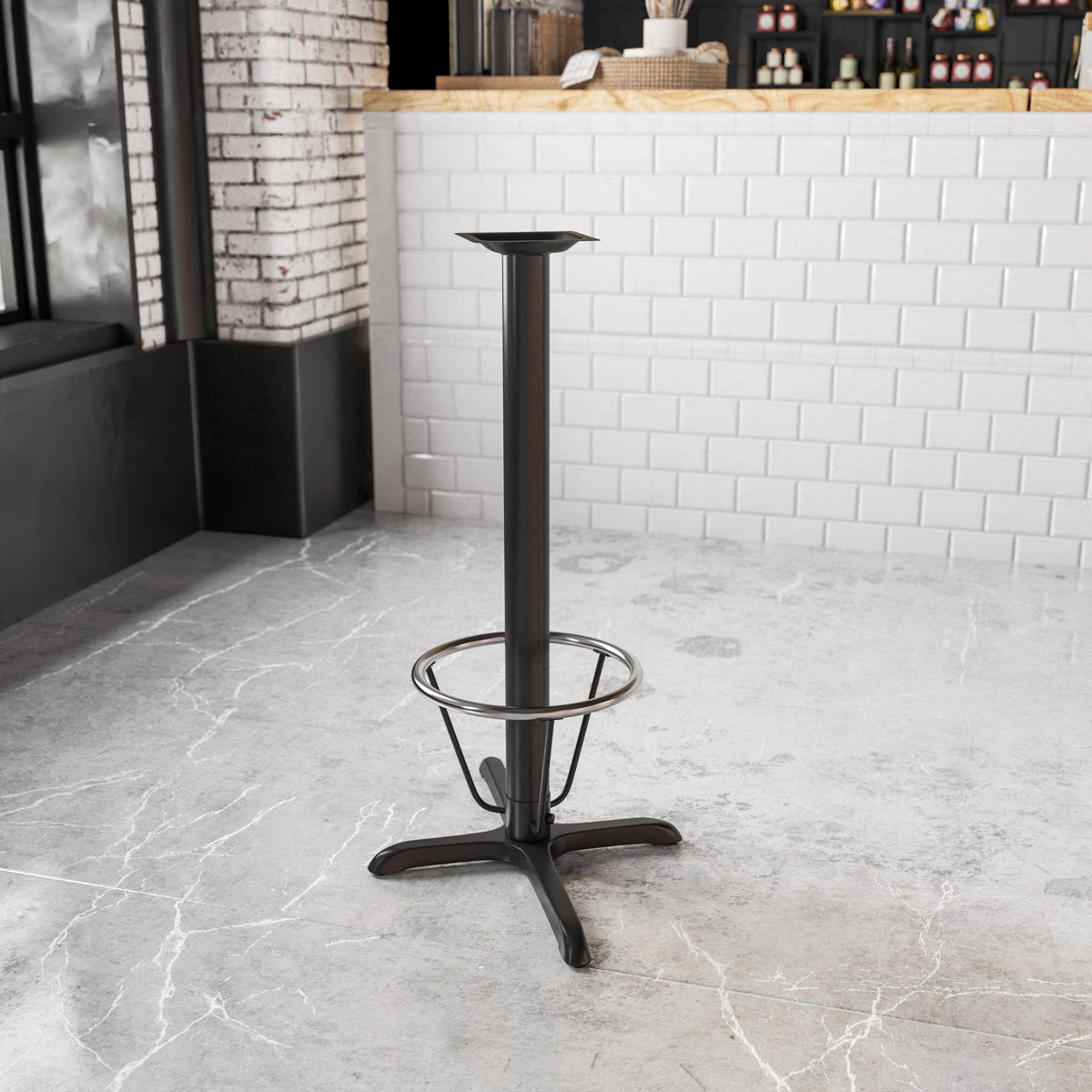 23.5" x 29.5" Restaurant Table X-Base with 3" Dia. Bar Height Column & Foot Ring - Image 2