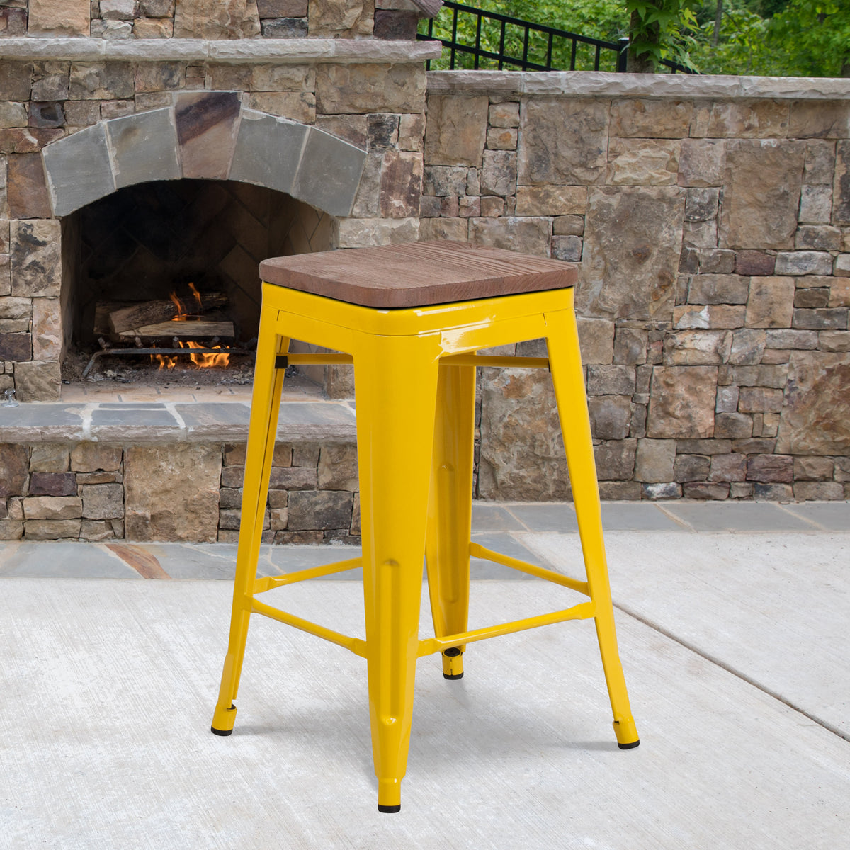 24" High Backless Metal Counter Height Stool with Square Wood Seat - Image 2