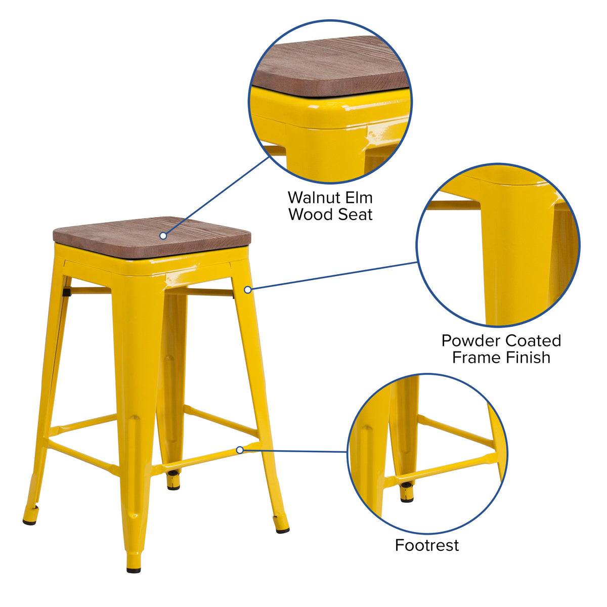 24" High Backless Metal Counter Height Stool with Square Wood Seat - Image 3