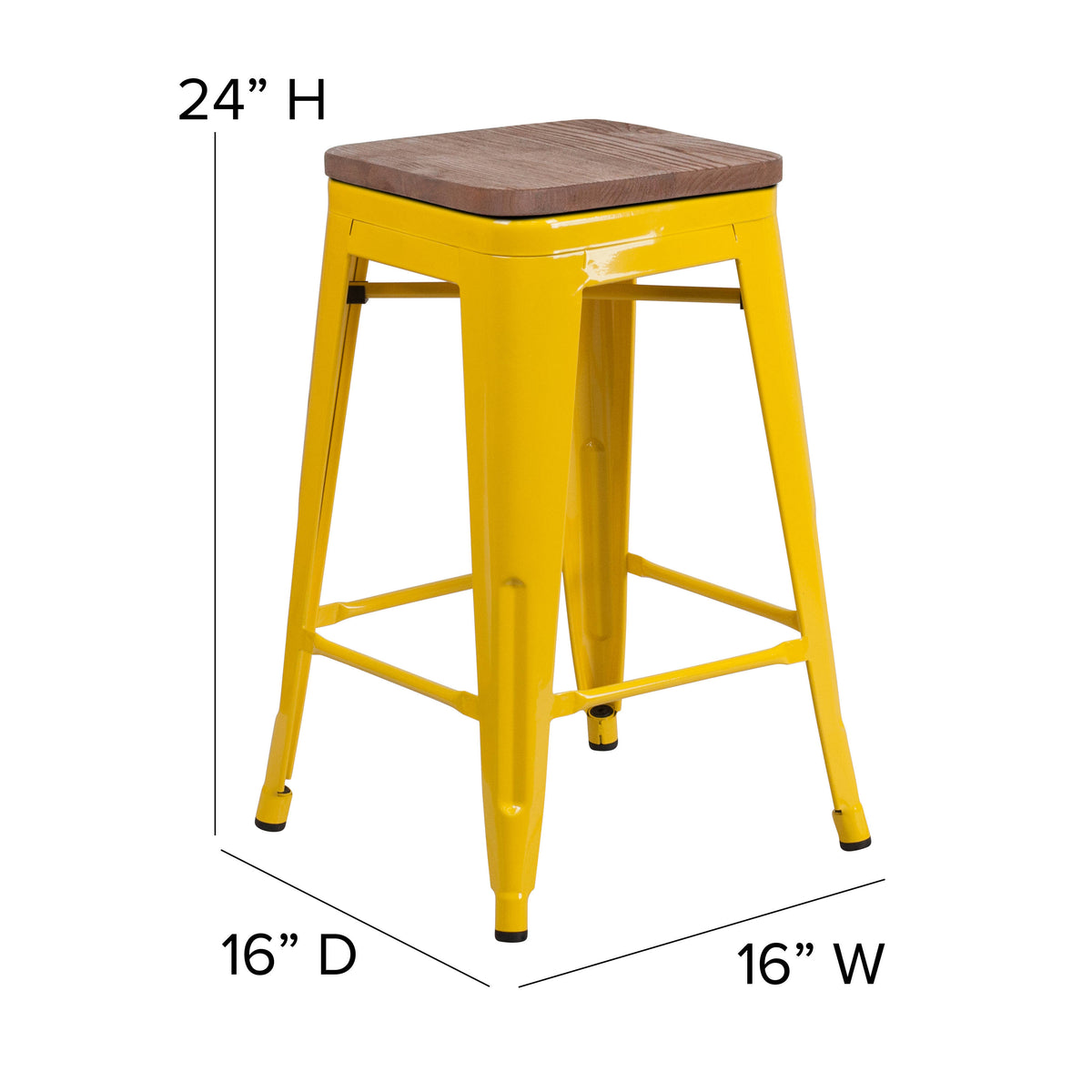 24" High Backless Metal Counter Height Stool with Square Wood Seat - Image 4