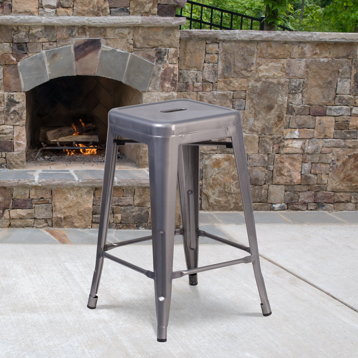 24" High Backless Clear Coated Metal Indoor Counter Height Stool w/ Square Seat - Image 2