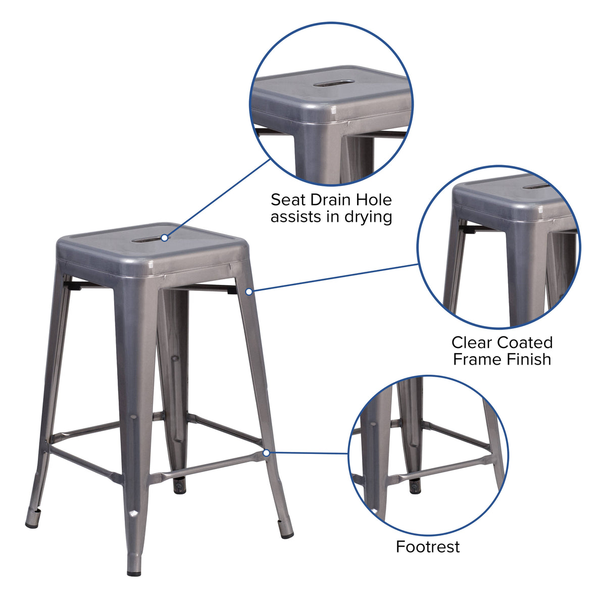 24" High Backless Clear Coated Metal Indoor Counter Height Stool w/ Square Seat - Image 3