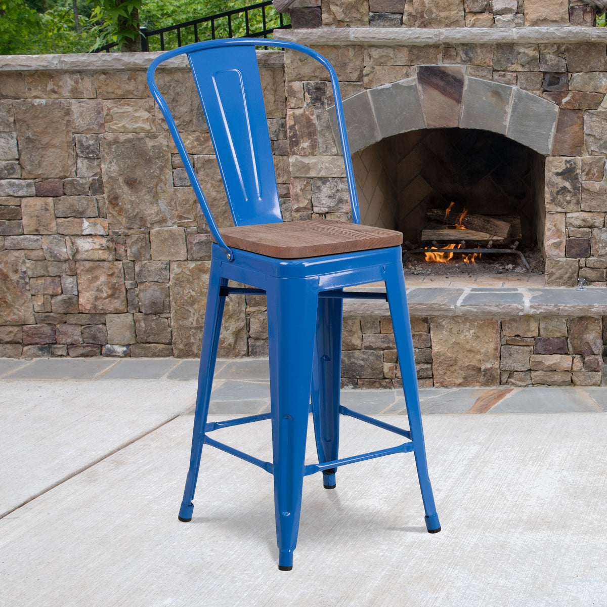 24" High Metal Counter Height Stool with Back and Wood Seat - Image 2