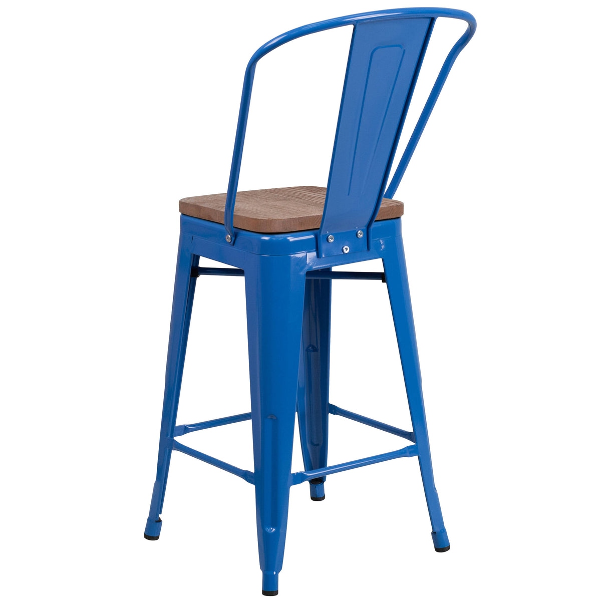 24" High Metal Counter Height Stool with Back and Wood Seat - Image 3