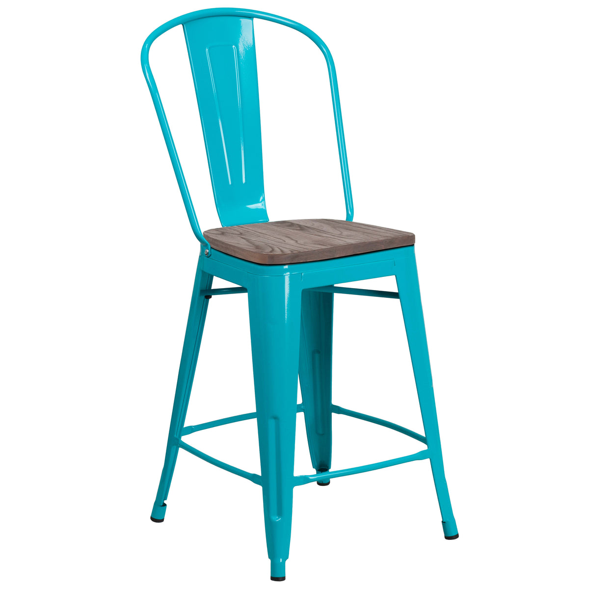 24" High Metal Counter Height Stool with Back and Wood Seat