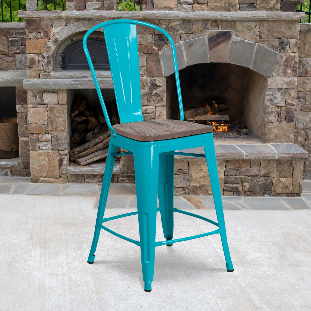 24" High Metal Counter Height Stool with Back and Wood Seat - Image 2