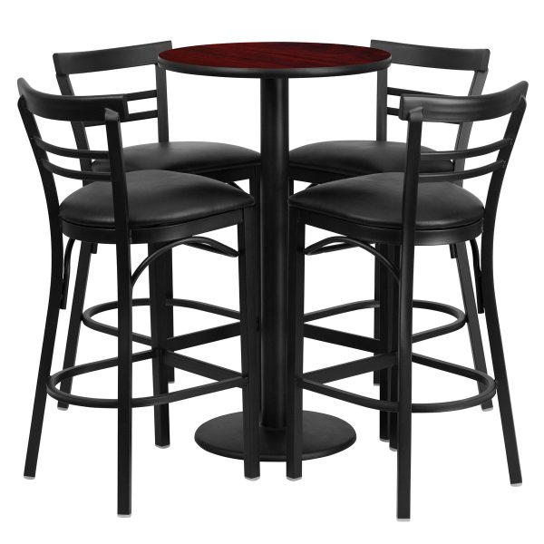 24'' Round Laminate Table Set with Round Base and 4 Ladder Back Metal Barstools