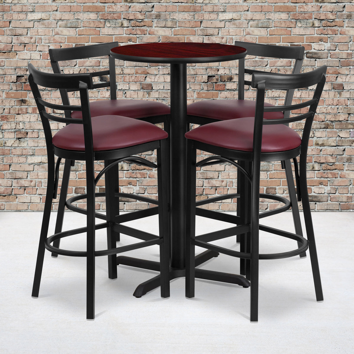 24'' Round Laminate Table Set with X-Base and 4 Ladder Back Metal Barstools - Image 2