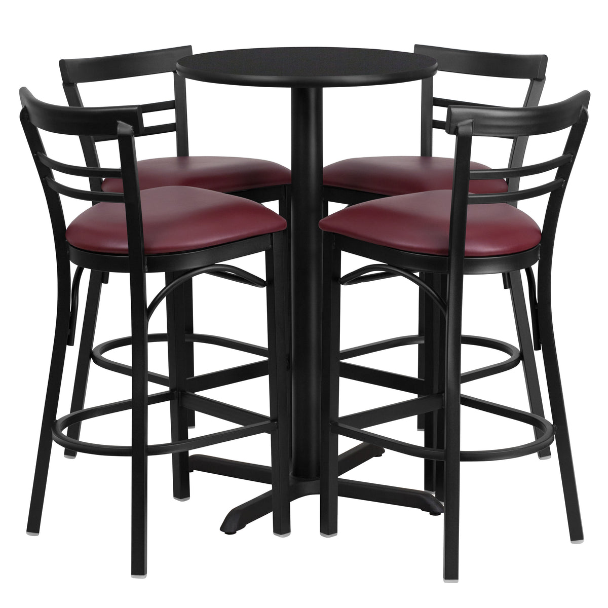 24'' Round Laminate Table Set with X-Base and 4 Ladder Back Metal Barstools - Image 3