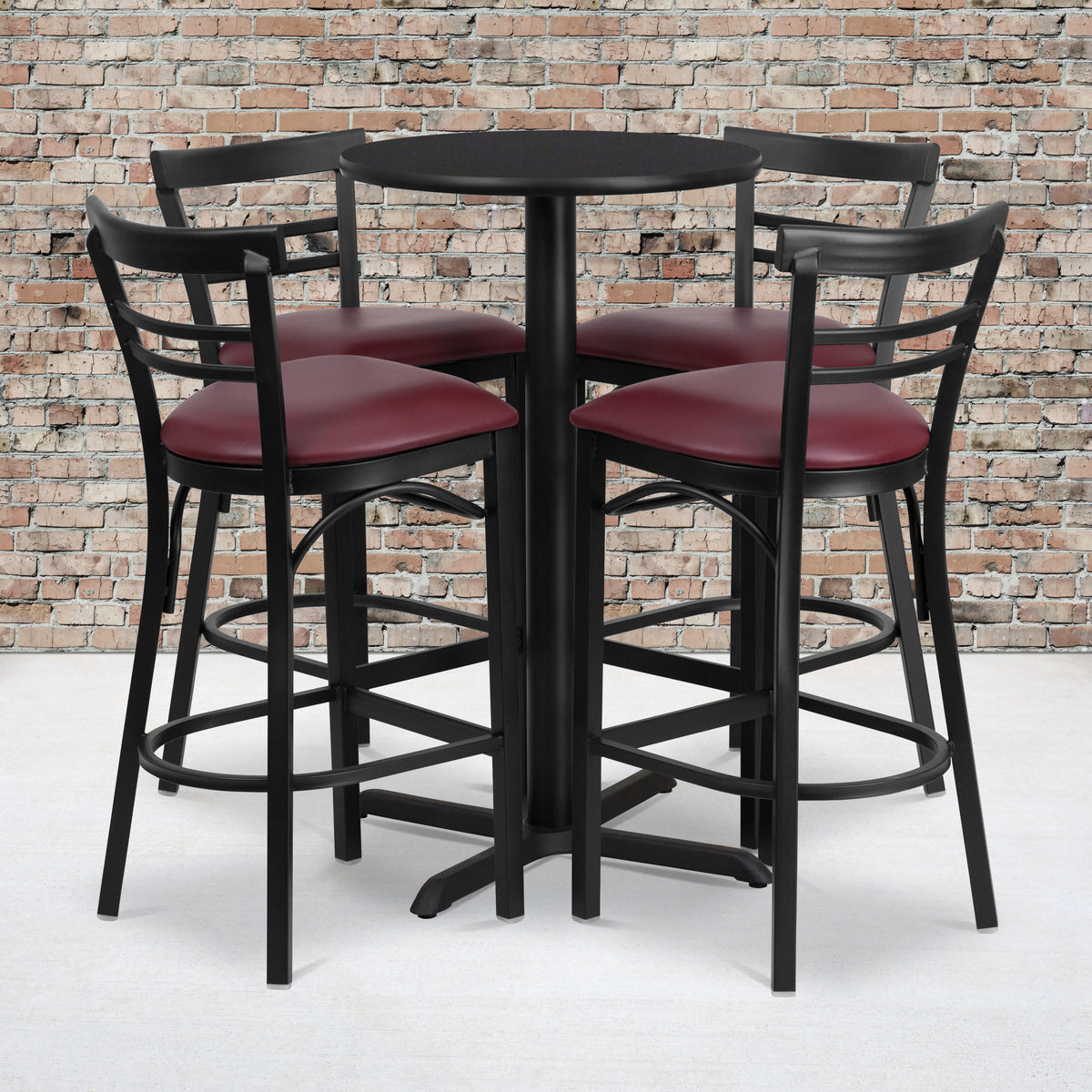 24'' Round Laminate Table Set with X-Base and 4 Ladder Back Metal Barstools - Image 4