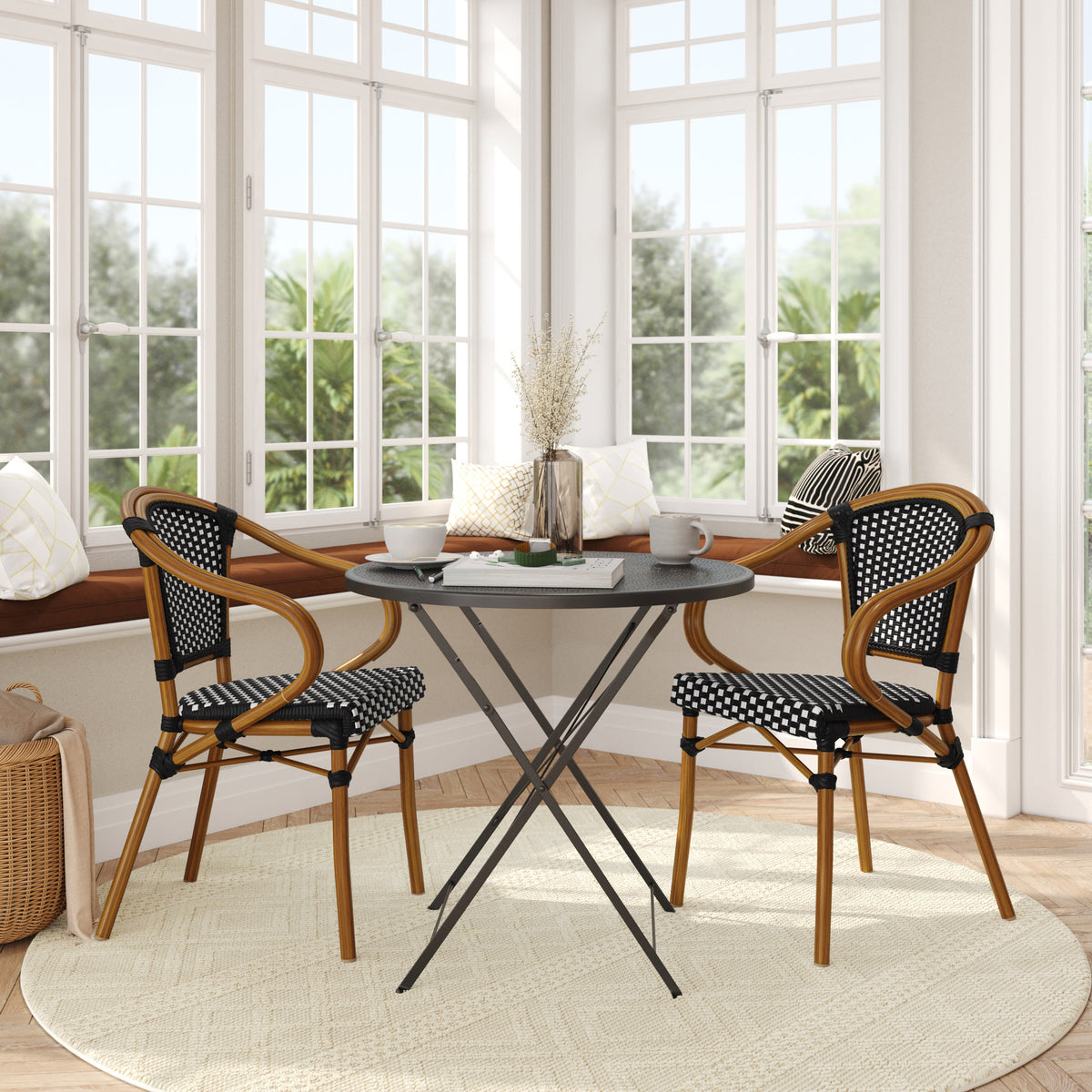 2 Pack All-Weather Commercial Paris Chairs with Bamboo Print Metal Frames - Image 3