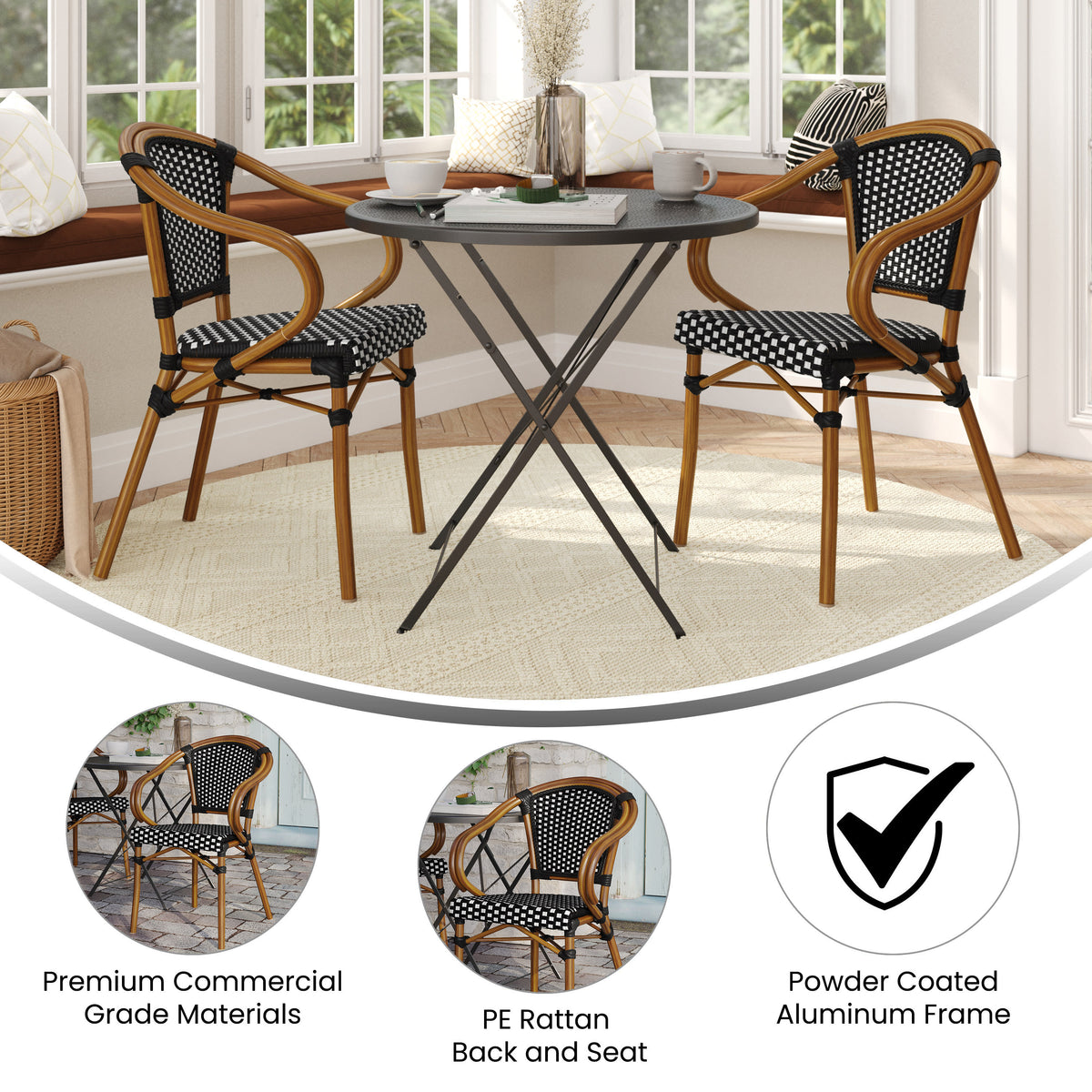 2 Pack All-Weather Commercial Paris Chairs with Bamboo Print Metal Frames - Image 4