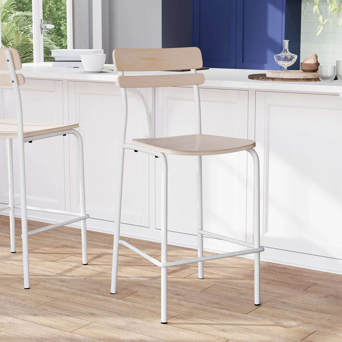 2PK Commercial Solid Wood Bar Stools with Frames and Antique Finish - Image 3