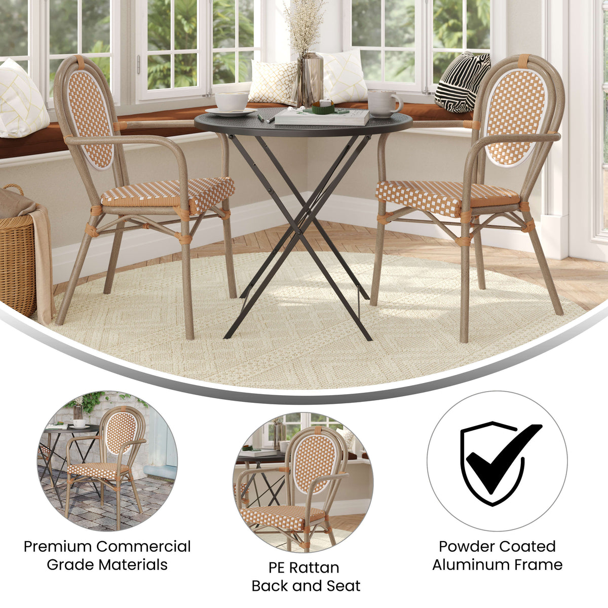 2 Pack All-Weather Commercial Paris Chairs with Arms and metal Frames - Image 4