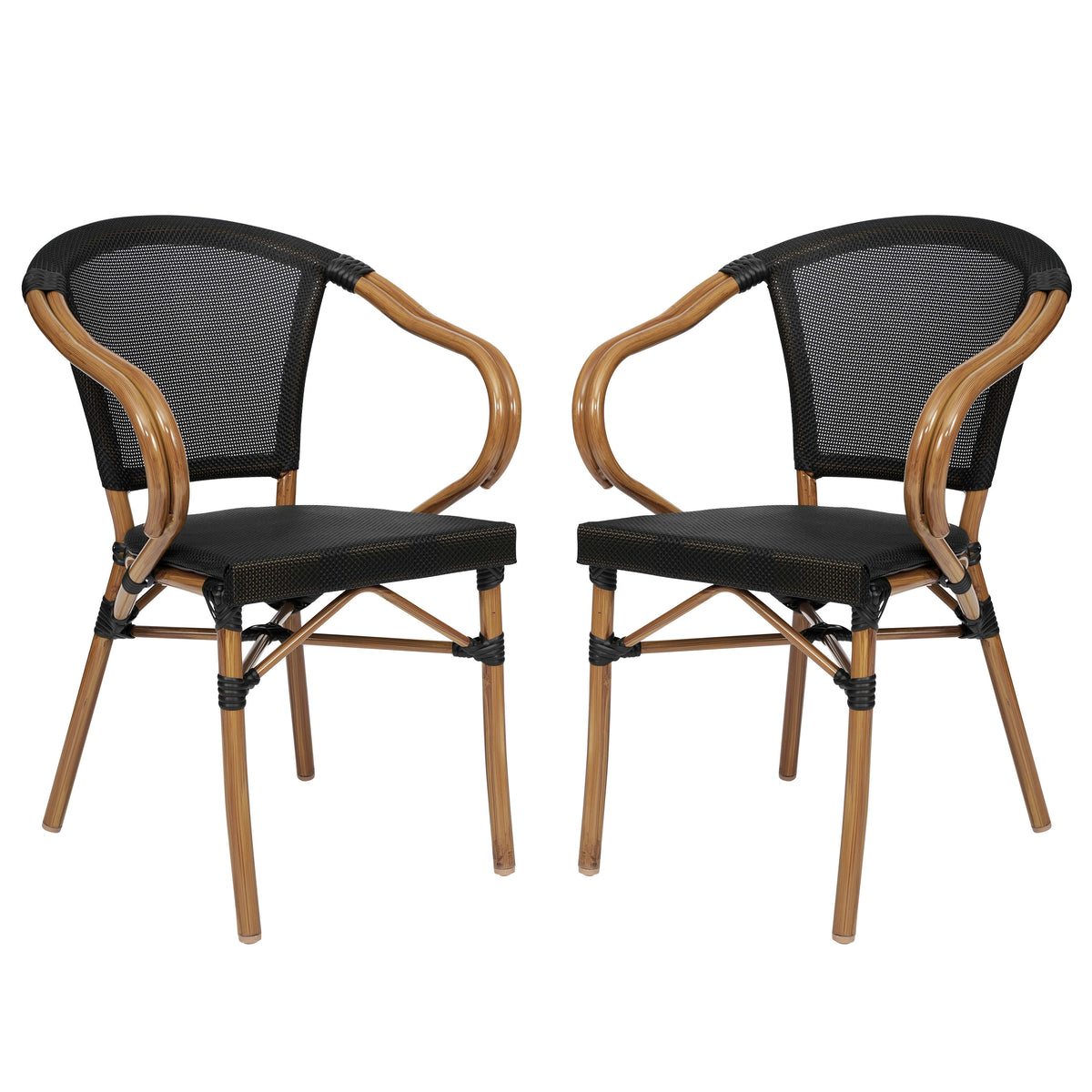 2 Pack All-Weather Commercial Paris Chairs with Arms and Metal Frame