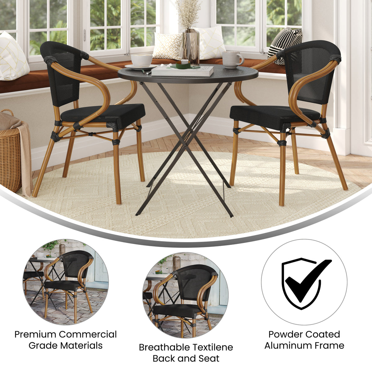 2 Pack All-Weather Commercial Paris Chairs with Arms and Metal Frame - Image 4