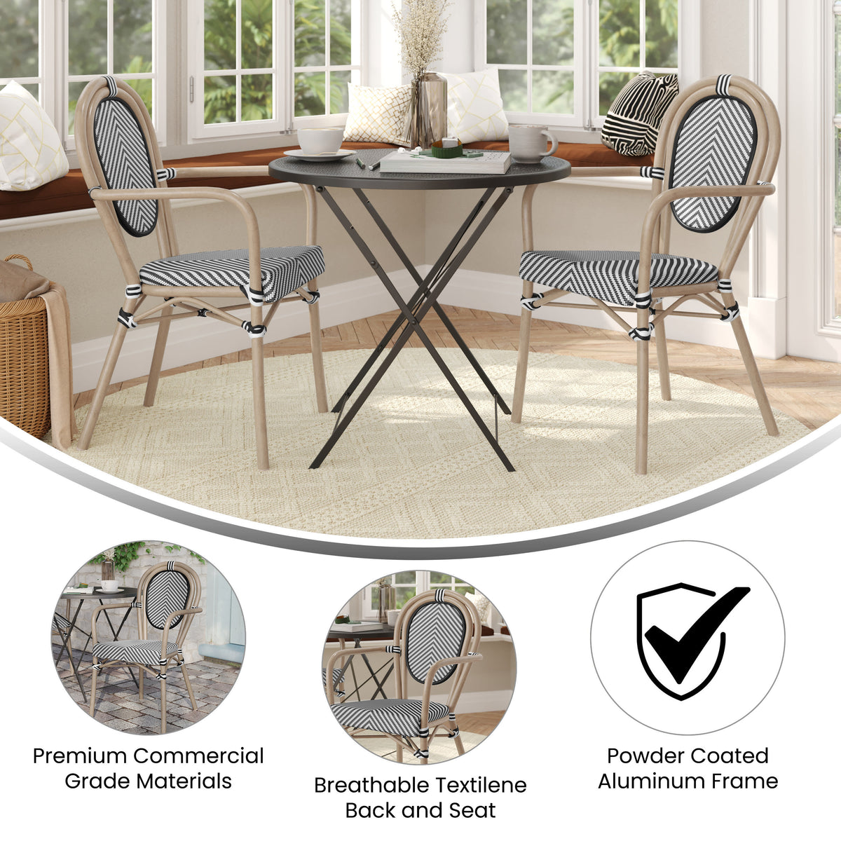 2 Pack All-Weather Commercial Paris Chairs with Arms and metal Frames - Image 4