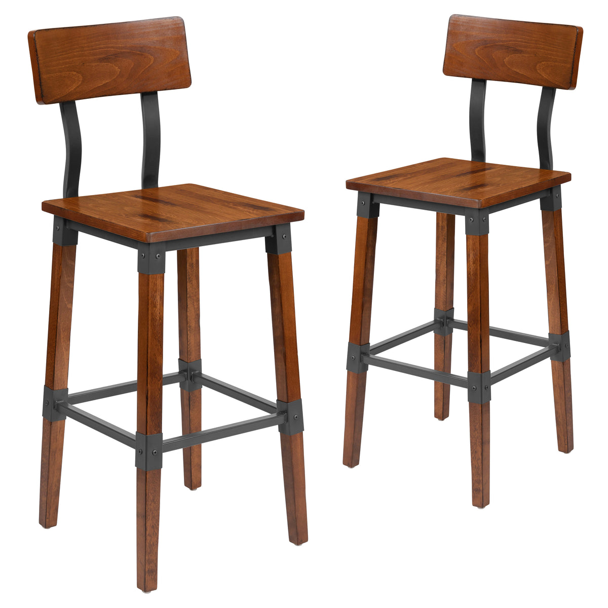 2 Pack Commercial Grade Rustic Industrial Style Wood Dining Barstool