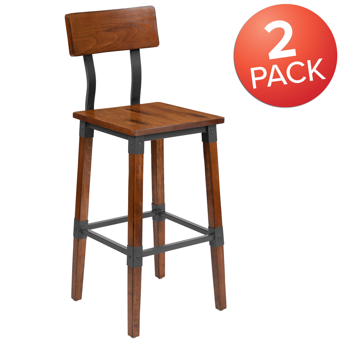 2 Pack Commercial Grade Rustic Industrial Style Wood Dining Barstool - Image 2