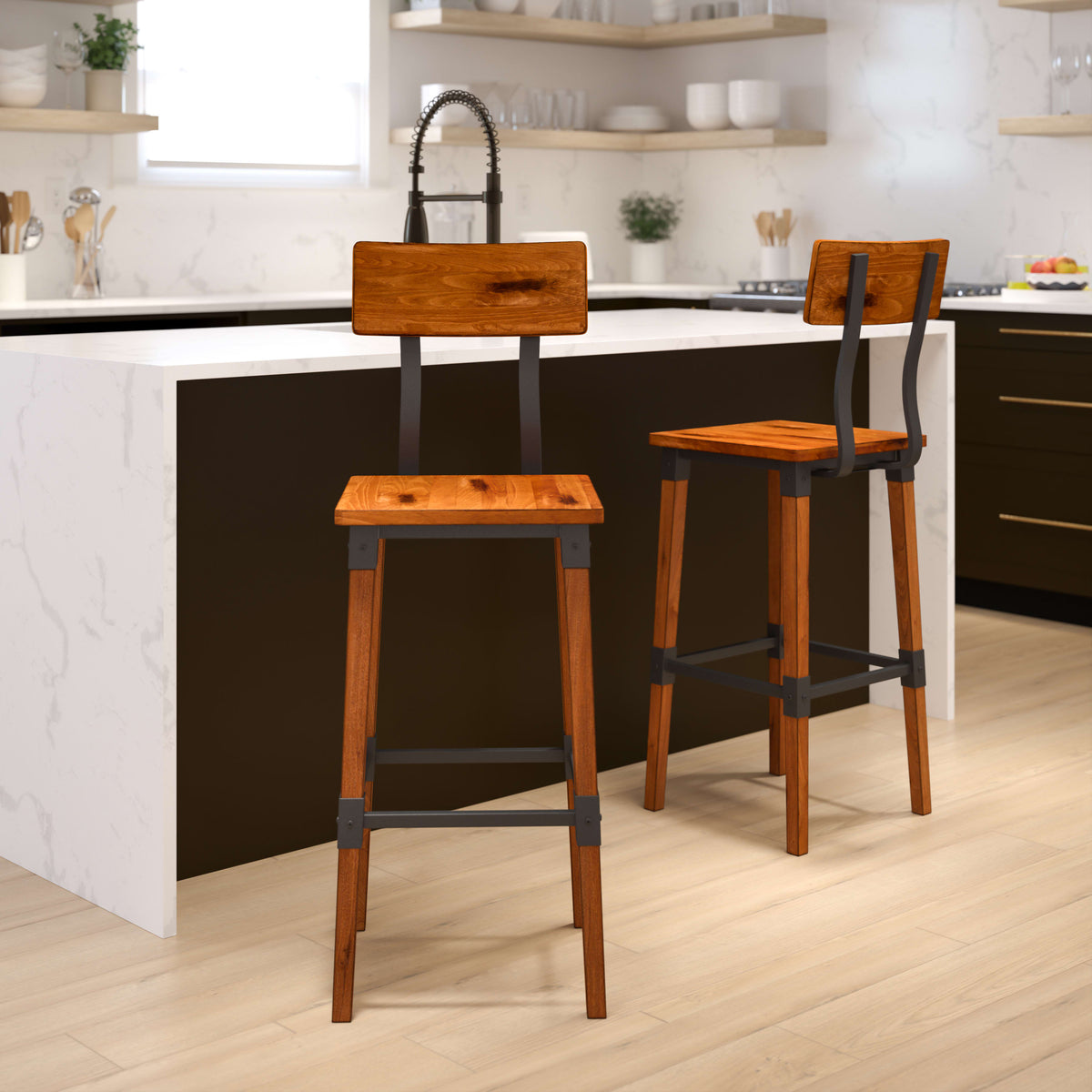 2 Pack Commercial Grade Rustic Industrial Style Wood Dining Barstool - Image 3