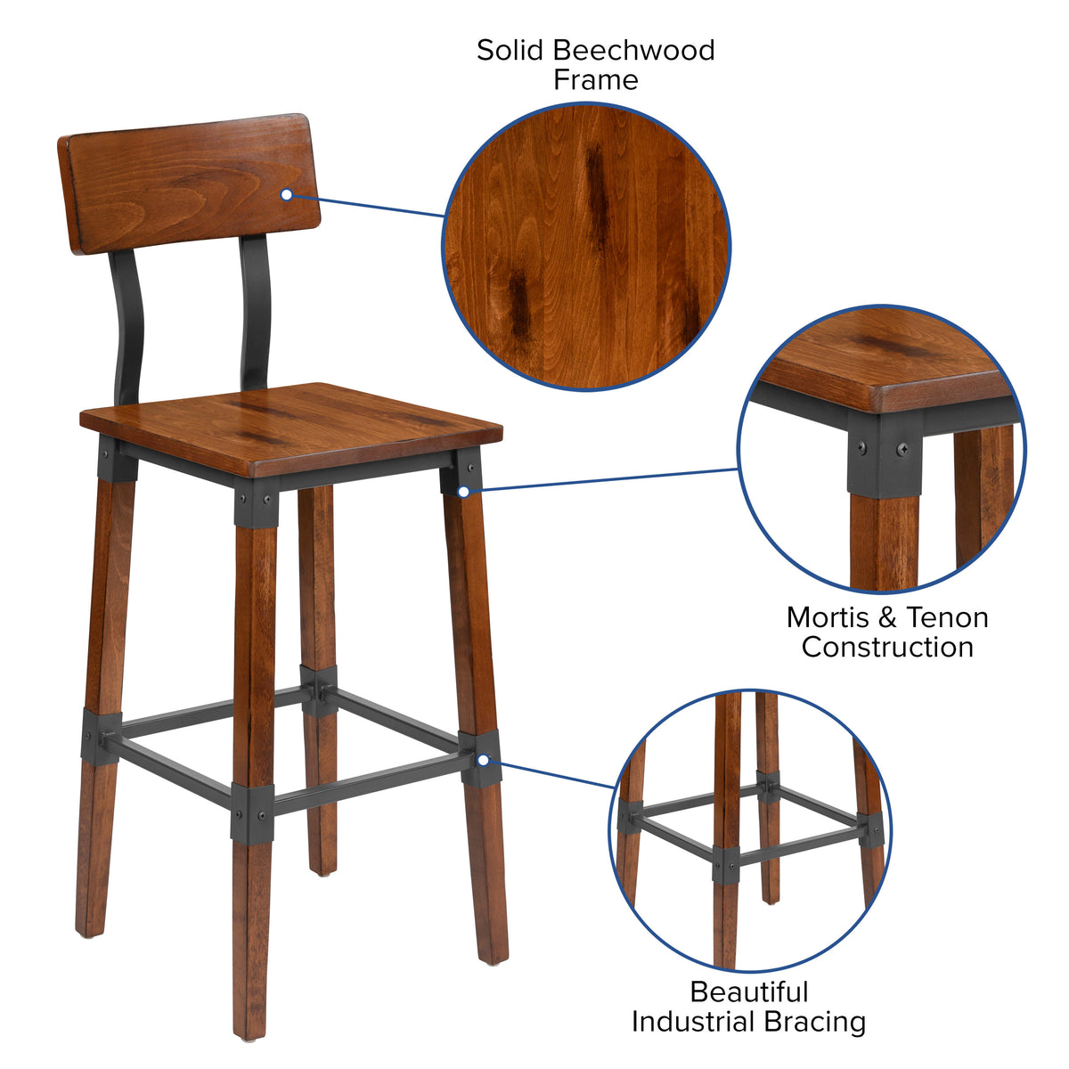 2 Pack Commercial Grade Rustic Industrial Style Wood Dining Barstool - Image 4