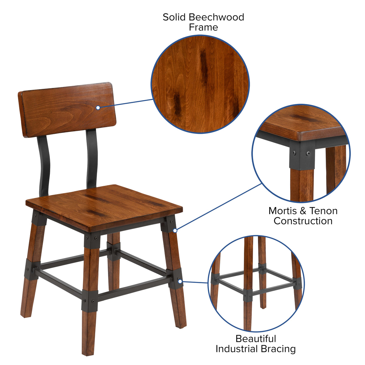 2 Pack Commercial Grade Rustic Antique Industrial Style Wood Dining Chair - Image 4