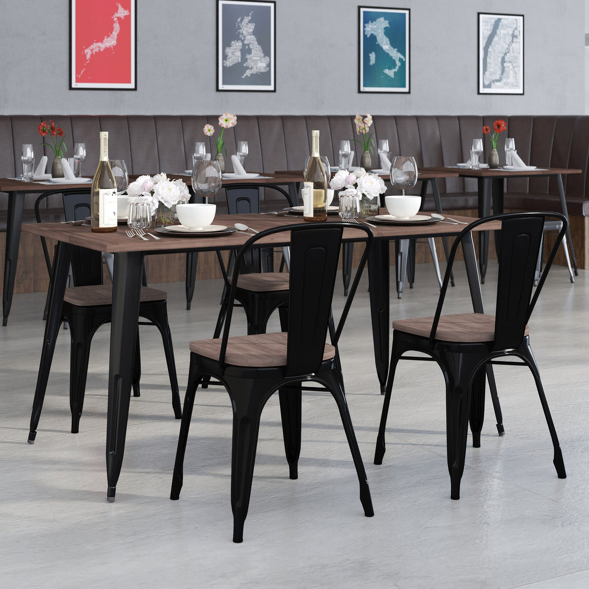 30.25" x 60" Metal Table Set with Wood Top and 4 Stack Chairs - Image 2