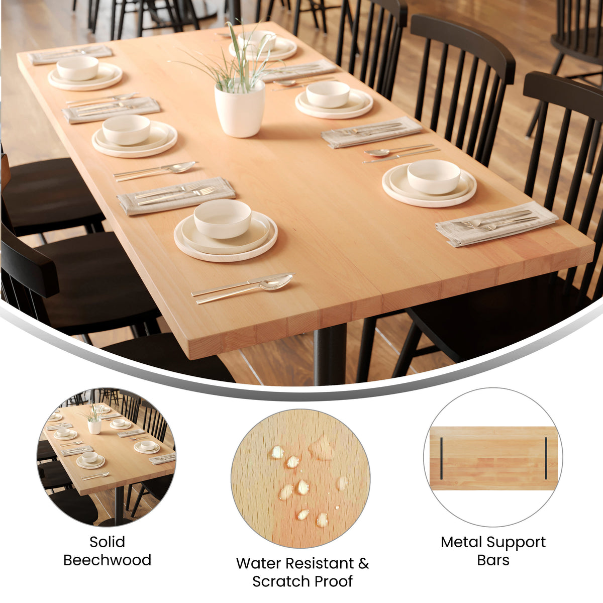 30"W x 60"L Commercial Solid Wood Tabletop with Support Bars for Indoor Use - Image 3