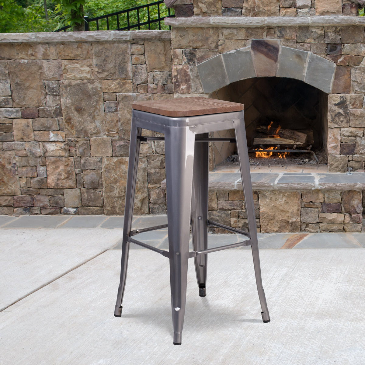 30" High Backless Clear Coated Metal Barstool with Square Wood Seat - Image 2