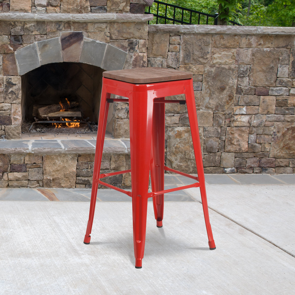 30" High Backless Metal Barstool with Square Wood Seat - Image 2