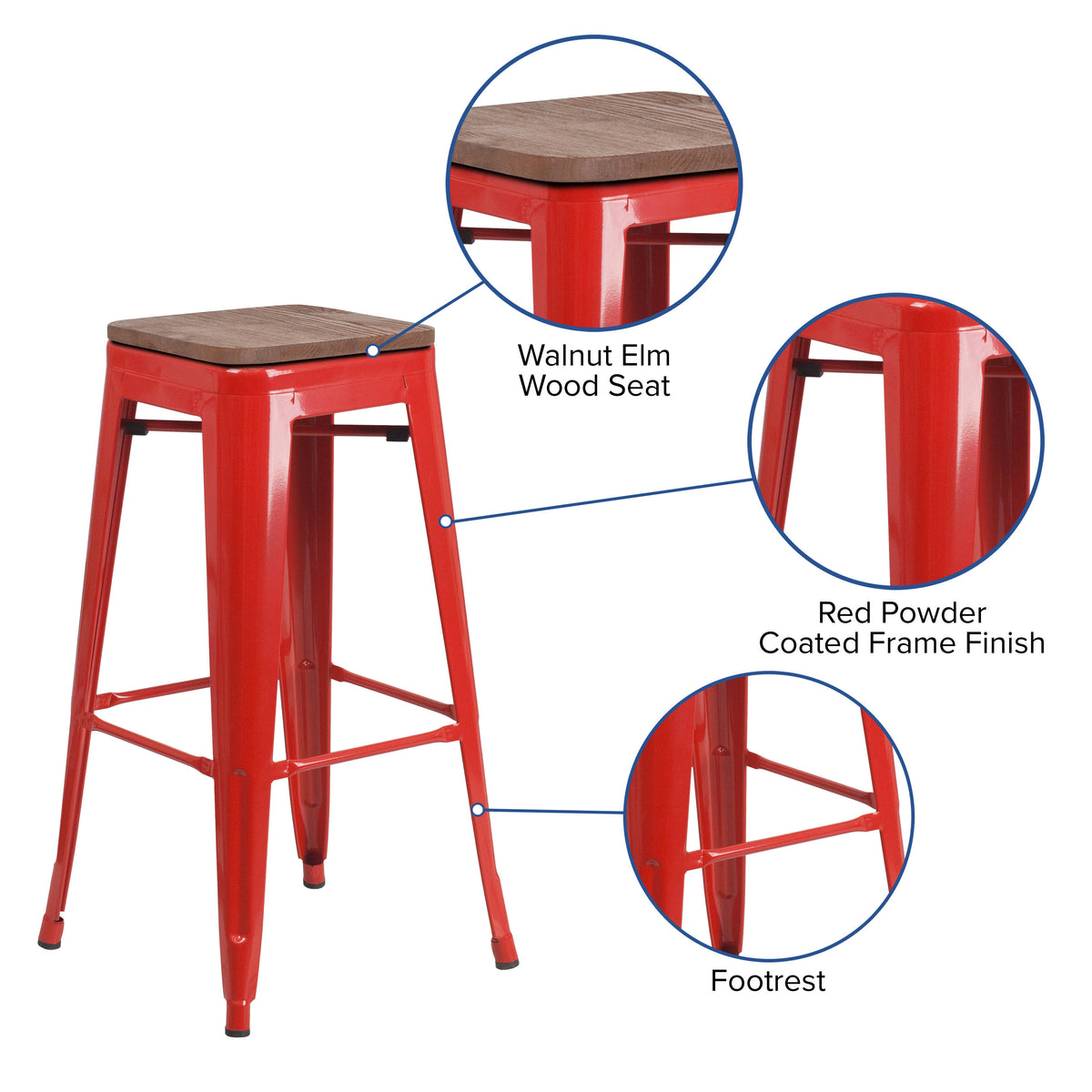 30" High Backless Metal Barstool with Square Wood Seat - Image 3