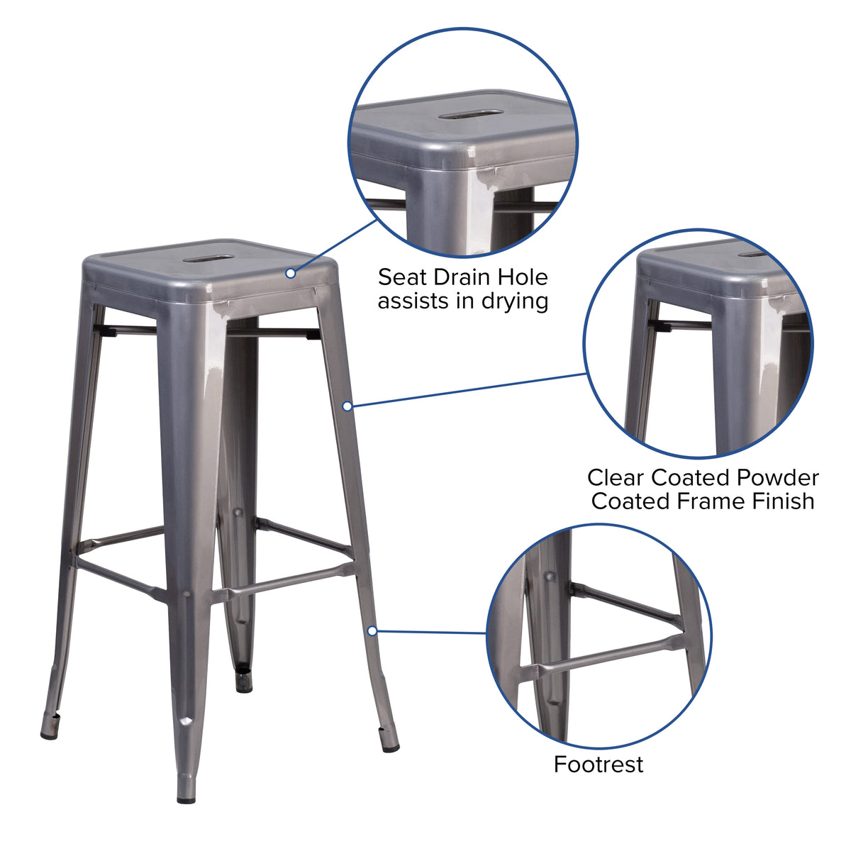 30" High Backless Clear Coated Metal Indoor Barstool with Square Seat - Image 3