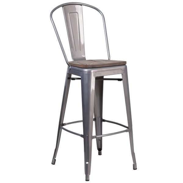 30" High Clear Coated Barstool with Back and Wood Seat