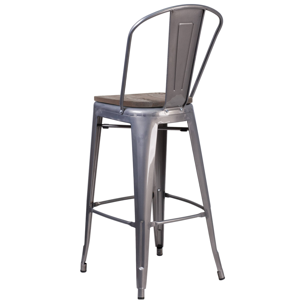 30" High Clear Coated Barstool with Back and Wood Seat - Image 3