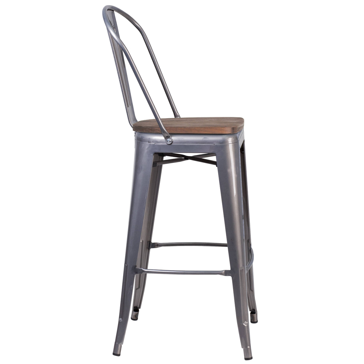 30" High Clear Coated Barstool with Back and Wood Seat - Image 4