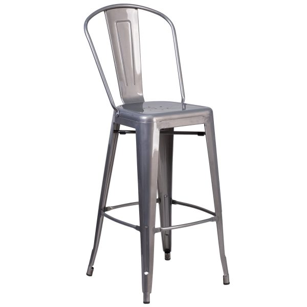 30" High Clear Coated Indoor Barstool with Back