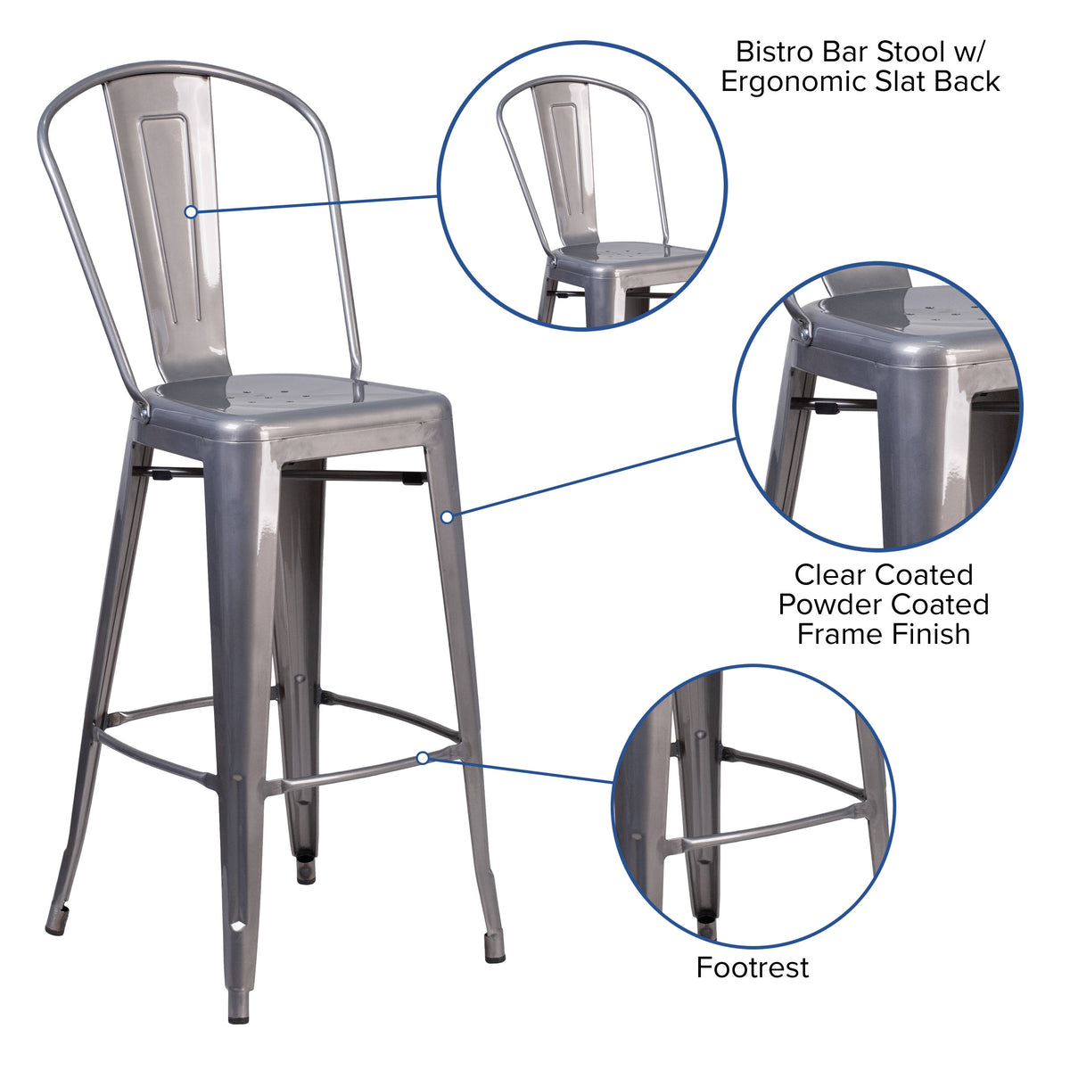30" High Clear Coated Indoor Barstool with Back - Image 3