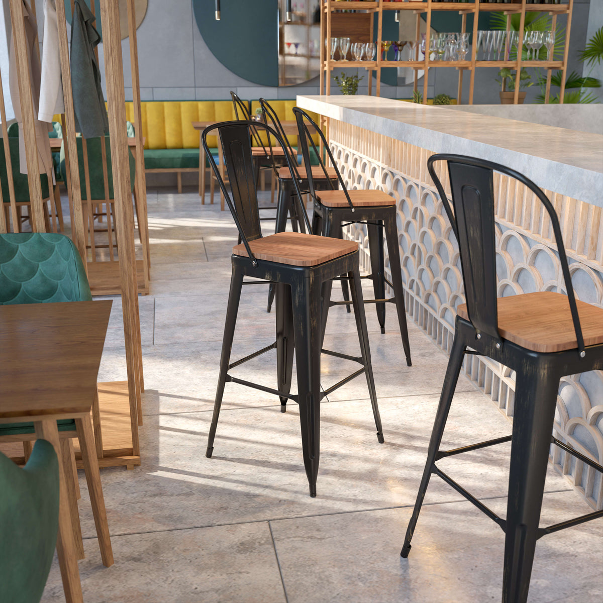 30" High Metal Barstool with Back and Wood Seat - Image 2