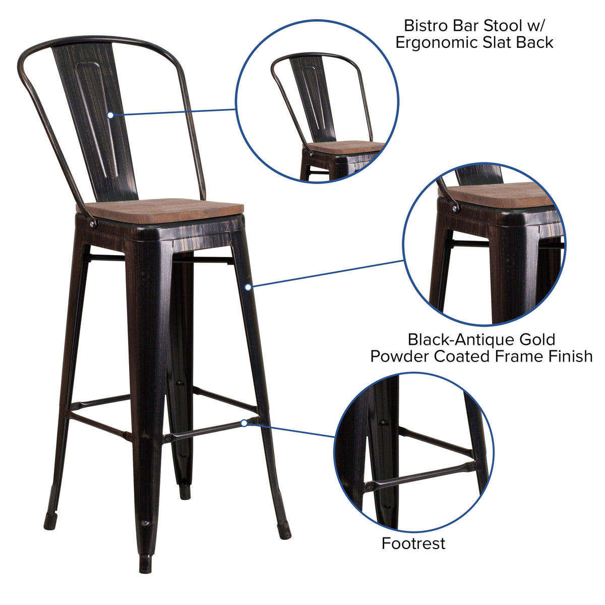 30" High Metal Barstool with Back and Wood Seat - Image 3