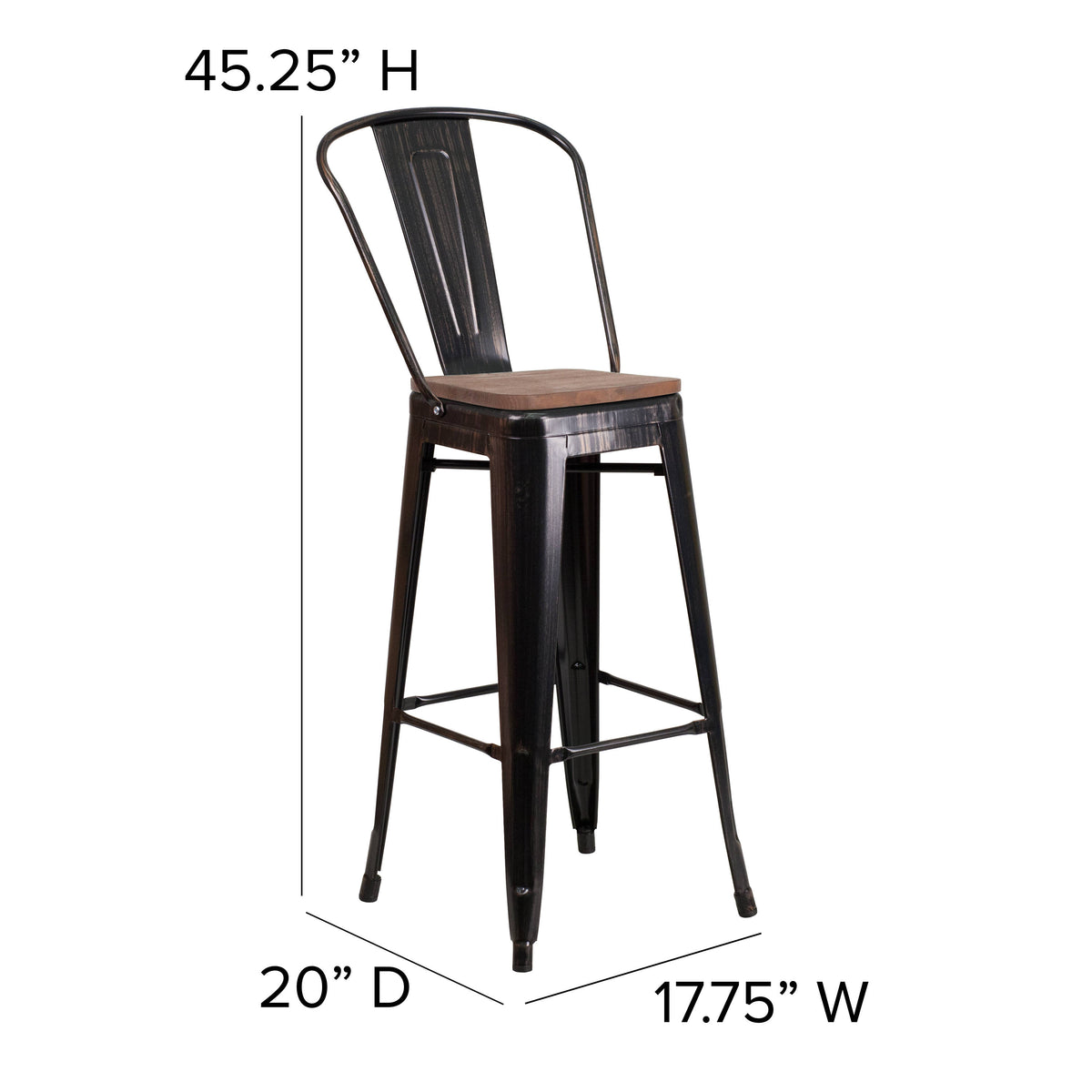 30" High Metal Barstool with Back and Wood Seat - Image 4